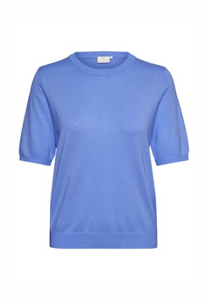 Kék rövid ujjú pulóver, texturált kötött anyagból. Kerek nyakkivágással és egyenes szegéllyel rendelkezik. Egyszerű, egyszínű, minták nélküli.