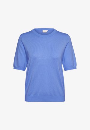 Zila īss piedurkņu džempera izgatavots no faktūru pinuma auduma. Raksturīgas apaļas kakla izgriezums un taisns apakšmala. Vienkāršs, viendabīgs, bez rakstiem.