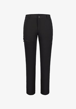Pantalon extérieur noir en tissu extensible, avec poches zippées, coupe droite et coutures renforcées pour plus de durabilité.