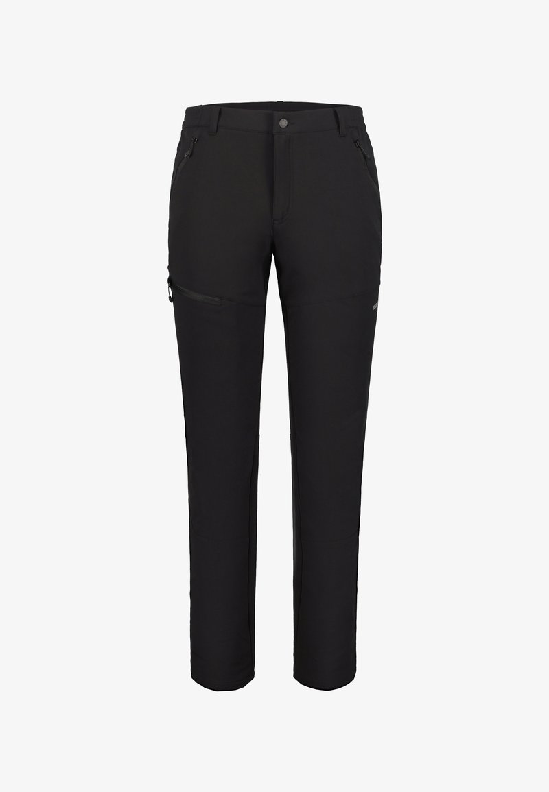 Pantalon extérieur noir en tissu extensible, avec poches zippées, coupe droite et coutures renforcées pour plus de durabilité.