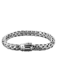 Silvrig stainless steel flätad armband med ett säkert spänne, med en polerad yta och varumärket "Kuzzo" gravyr på hårdvaran.