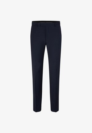 Pantaloni blu navy su misura con davanti piatto, gambe dritte e una consistenza liscia, dotati di passanti per la cintura e tasche laterali.