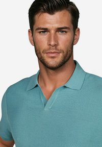 Polo shirt in teal met een gestructureerde brei, korte mouwen en een geribde kraag. Heeft een V-hals ontwerp en een fitted silhouet.