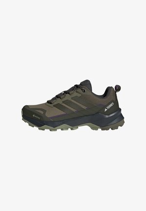Grüne und schwarze Wanderschuhe mit einer robusten Sohle, einem Mesh-Obermaterial, Schnürverschluss und auffälliger TERREX-Branding. Ausgestattet mit GORE-TEX für Wasserdichtigkeit.