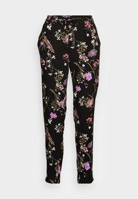 Svarta blommiga byxor med ett färgglatt botaniskt tryck av lila och rosa blommor, dragsko i midjan och design med smalade ben.