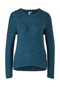 Turkusowy sweter dzianinowy o textured tkaninie, z długimi rękawami i okrągłym dekoltem. Posiada nieco dłuższy tylny brzeg.