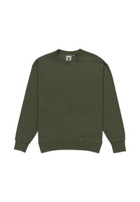 Felpa verde oliva con colletto a girocollo, maniche lunghe e polsini e orlo a coste. Presenta un logo discreto sul petto e una texture liscia.