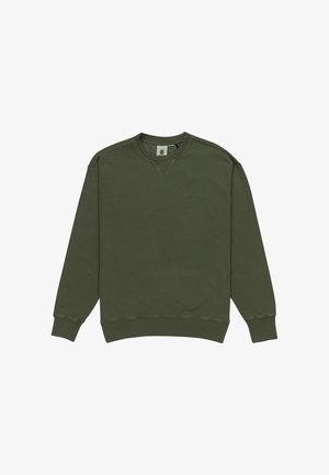 Sudadera verde oliva con cuello redondo, mangas largas y puños y dobladillo acanalados. Presenta un sutil logotipo en el pecho y una textura suave.