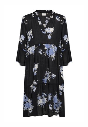 Black dress featuring blue and white floral patterns, V-neckline, flared sleeves, and a tiered hem design. Made from lightweight fabric.