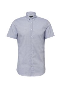 Hemelsblauw kort mouw button-up shirt met een gestructureerd streepjespatroon, puntige kraag en zes knopen aan de voorkant.