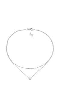 Silver layered necklace featuring two chains, one with small beads and the other displaying a central, round, iridescent pearl.