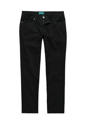 Czarne bawełniane spodnie o gładkiej fakturze, z zapięciem na guzik i zamek, paskami do paska oraz przednimi kieszeniami.