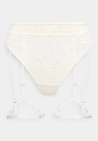 Ζαρτιέρα εσωρούχων από λευκή δαντέλα και δίχτυ, με ρυθμιζόμενους ιμάντες και μεταλλικά στοιχεία σε ασημένιο τόνο.