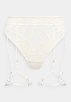 Centură de jartieră din dantelă albă și plasă, cu bretele reglabile și accesorii metalice de culoare argintie.