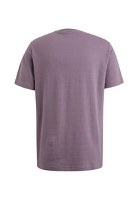Camiseta de manga corta en un tono púrpura claro con un patrón texturizado de canalé. Cuello redondo y dobladillo recto, hecha de una tela suave y transpirable.
