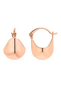 Orecchini a cerchio in oro rosa con finitura lucida, caratterizzati da un design asimmetrico e arrotondato e chiusura a scatto. Superficie liscia senza modelli visibili.