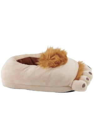 Pantofole in peluche a forma di zampa di leone, di colore beige chiaro con interno marrone, decorate con una ciuffo peloso e dettagli sui cuscinetti delle dita.