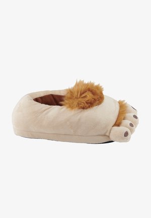 Pantofole in peluche a forma di zampa di leone, di colore beige chiaro con interno marrone, decorate con una ciuffo peloso e dettagli sui cuscinetti delle dita.