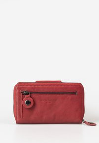 Red leather wallet with a smooth texture, zipper closure, a front pocket with zipper, and a circular accent. Logo printed on the surface.
