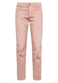 Svetle růžové slim-fit kalhoty s předním knoflíkem a zipem, poutky na opasek a pěti kapsami, vystavené na bílém pozadí.