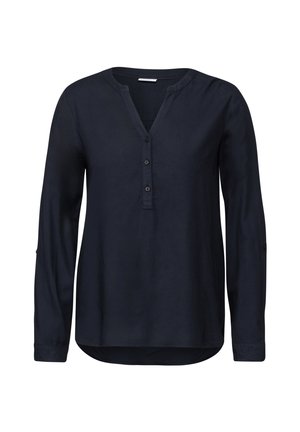 Chemise à manches longues bleu marine avec un col en V, une patte de boutonnage et des manches retroussables. Fabriquée en tissu lisse avec une coupe légèrement décontractée.
