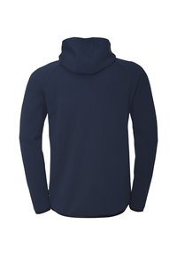 Haut à capuche bleu marine avec un design ajusté, manches raglan et capuche à cordon de serrage. Tissu doux avec une finition texturée, sans logos ni accents visibles.