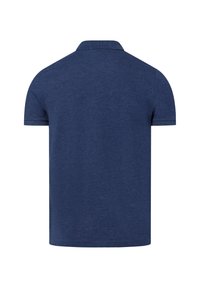 Dunkelblaues Kurzarm-Polohemd aus strukturiertem Stoff, mit klassischem Kragen und kontrastierenden Besätzen an den Ärmeln und dem Saum.