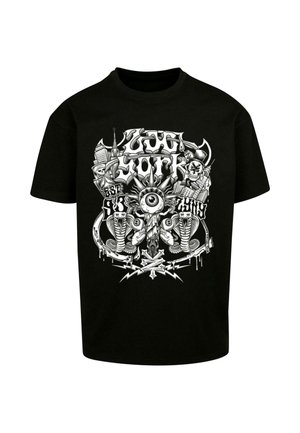 Black cotton t-shirt featuring a detailed white graphic with snakes, an eye, and various urban motifs, including stylized text and shapes.