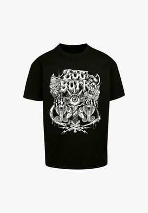 Black cotton t-shirt featuring a detailed white graphic with snakes, an eye, and various urban motifs, including stylized text and shapes.