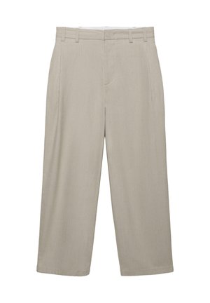 Beige Weitbein-Hosen mit Gürtelschlaufen, vorderen Falten und einem sauberen Bund, flach auf einem weißen Hintergrund präsentiert.