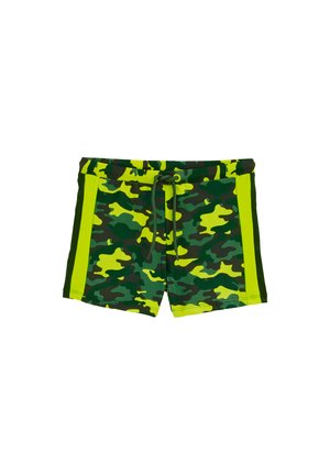 Men's swim shorts featuring a green and yellow camouflage pattern, with elastic waistband, adjustable drawstring, and side stripes.
