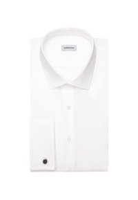 Chemise blanche à manches longues avec col ouvert, boutonnée sur le devant et manchette simple avec un bouton de manchette noir, soigneusement pliée.