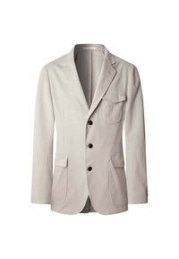 Beige Blazer aus strukturiertem Stoff, mit Reverskragen, drei Knöpfen und einer einzelnen Brusttasche, sowie zwei Fronttaschen.