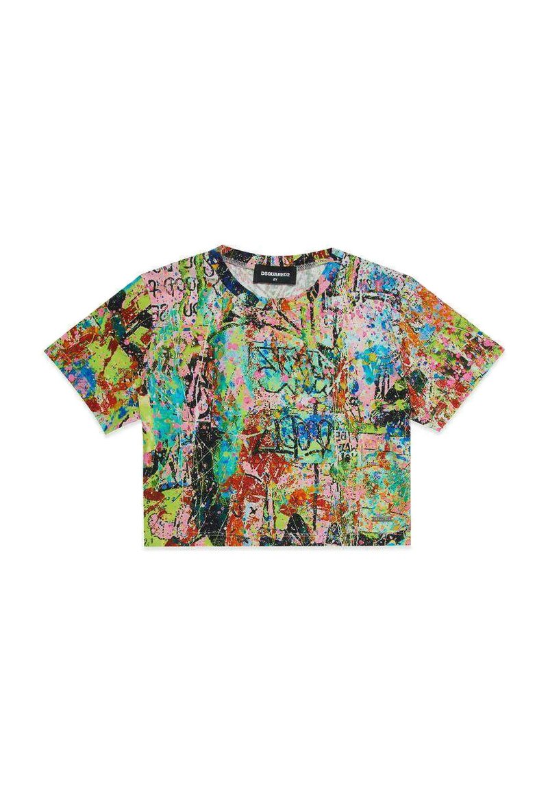 T-shirt corta con maniche corte in stampa astratta multicolore con verde, rosa, blu e nero. Collo rotondo, realizzata in tessuto leggero.