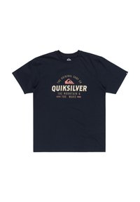 Navy blue short-sleeve T-shirt made of cotton. Features a graphic print in cream and pink with the text "Quiksilver" and a logo.
