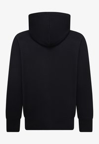 Felpa nera con maniche lunghe e cappuccio, mostrata da dietro su uno sfondo grigio chiaro uniforme.