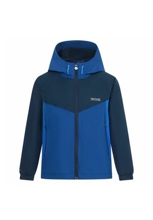 Niebieska i ciemnogranatowa kurtka z kapturem, z przodu zamek błyskawiczny, elastyczne mankiety, zapinane na zamek boczne kieszenie oraz logo Regatta Great Outdoors na piersi.