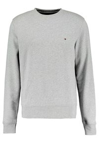 Sudadera gris de cuello redondo hecha de una mezcla de algodón. Cuenta con mangas largas, puños y dobladillo acanalados, con un pequeño logo en el pecho.