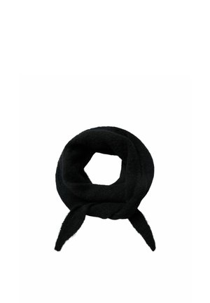 Écharpe en tissu doux noire attachée en un nœud lâche avec deux extrémités qui pendent sur un fond blanc.