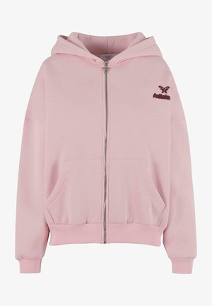 Lys rosa zip-up hettegenser laget av myk stoff, med en frontlomme, ribbede mansjetter og logodetalj på venstre brystområde.
