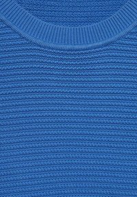 Gebreide trui in een heldere blauwe kleur met een geribbelde textuur en een ronde halslijn. Consistent horizontaal patroon het hele stuk.