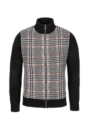 Schwarzer Strickpullover mit durchgehendem Reißverschluss, hohem Kragen und Vorderteil mit Muster in Schwarz, Weiß und Pink im Hahnentritt-Karos.