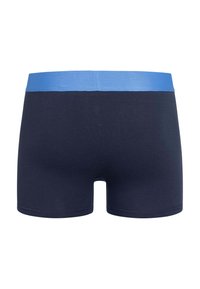 Navy blue men's boxer briefs with a wide light blue elastic waistband, shown from the back on a white background.