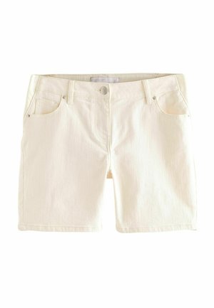 Weiße Denim-Shorts mit glatter Textur, Fünf-Taschen-Design, Metallbeschlägen und klassischem Schnitt.