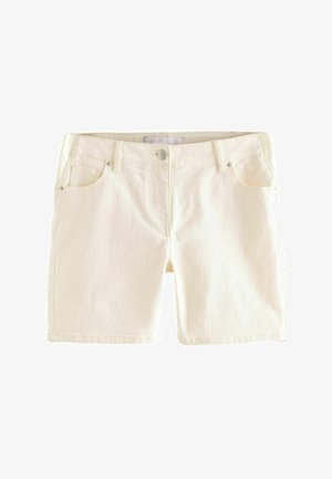 Valged denim lühikesed püksid sujuva tekstuuri, viie tasku disaini, metallist detailide ning klassikalise lõikega.