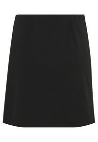 Zwarte mini-jurk van gladde stof, met een eenvoudig ontwerp met strakke lijnen en een rechte zoom. Geen zichtbare hardware of accenten.