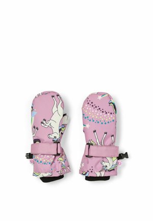 Paire de moufles roses pour enfants avec motifs de licorne et d'étoiles et sangles réglables au poignet sur fond blanc.