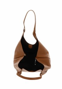 Bruine leren hobo tas met een gestructureerd oppervlak, open bovenkant, enkele schouderriem en een donkere binnenkant met een ritsvak.