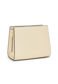 Kremowa torebka strukturalna w czarnym wykończeniu, o prostokątnym kształcie i minimalnej teksturze, pokazana z lekkiego boku na białym tle.