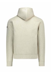 Lichtbeige capuchontrui met een gestructureerde, zachte stof. Heeft raglanmouwen en een zichtbare naad langs de kap, zonder buidelzak aan de voorkant.